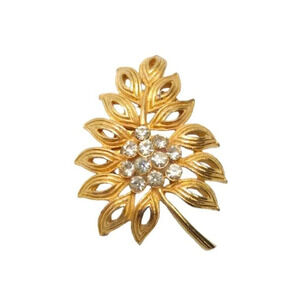 Clear Rhinestone Textured Leaf Brooch Pin Gold Tone Vintage